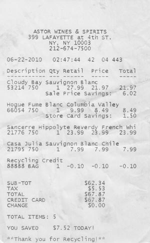 Receipt, Sauvignon Blanc Tasting: June 23, 2010
