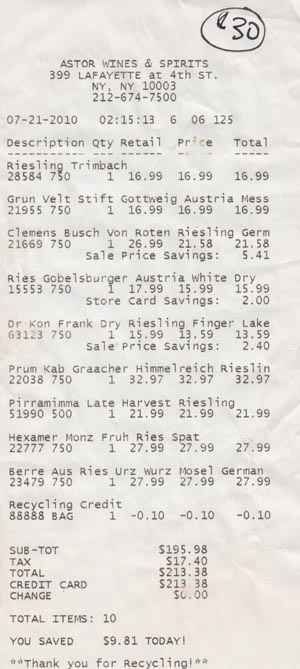 Receipt, Riesling Tasting: July 21, 2010