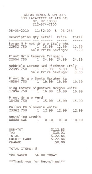 Receipt, Pinot Gris/Pinot Grigio Tasting: August 4, 2010