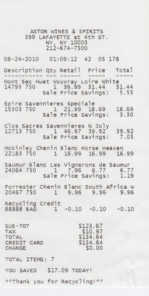 Receipt, Chenin Blanc Tasting: August 25, 2010