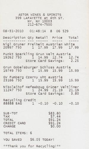 Receipt, Grüner Veltliner Tasting: September 1, 2010