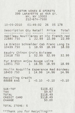 Receipt, Cabernet Franc Tasting: October 6, 2010