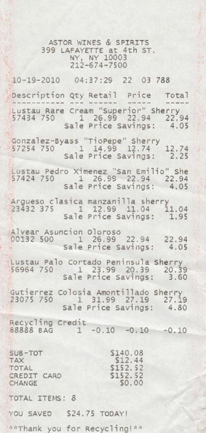 Receipt, Sherry Tasting: October 20, 2010