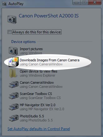 Windows AutoPlay Command Window With Canon CameraWindow Button Highlighted