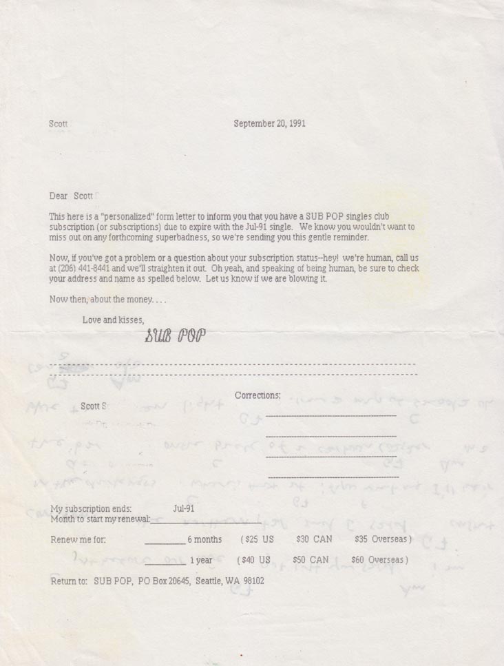 Sub Pop Singles Club Reorder Reminder, September 1991